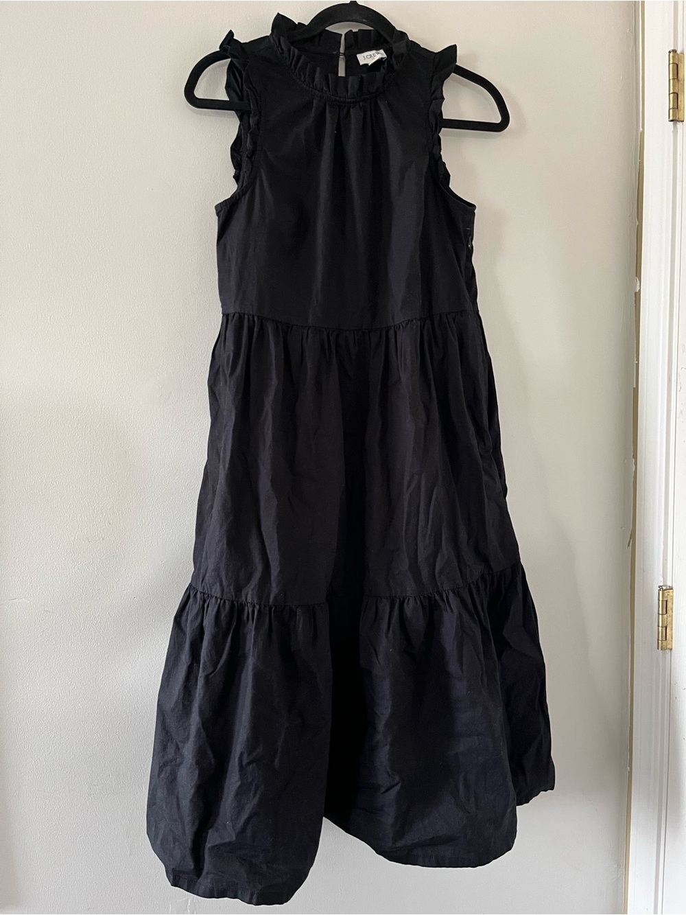 J Crew Black Cotton Poplin Tiered Midi Dress 2 Ruffle Neck Sleeveless Coastal